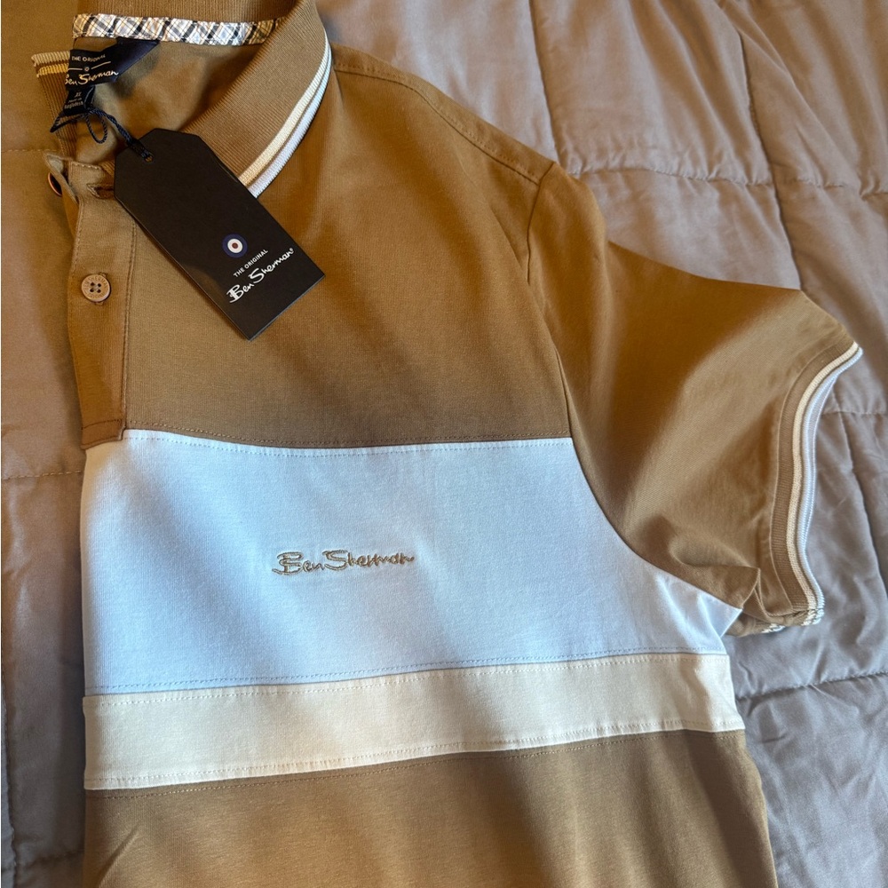 Ben Sherman Tan and White Striped Polo Shirt.  SZ  XL - Picture 4 of 8